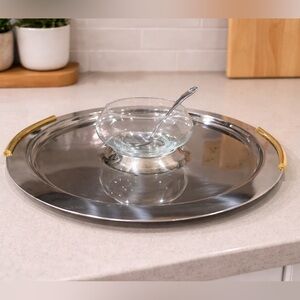 VTG Summit 18/10 Round Steel Chip/Dip Tray Gold Handles Glass Bowl & Spoon Italy
